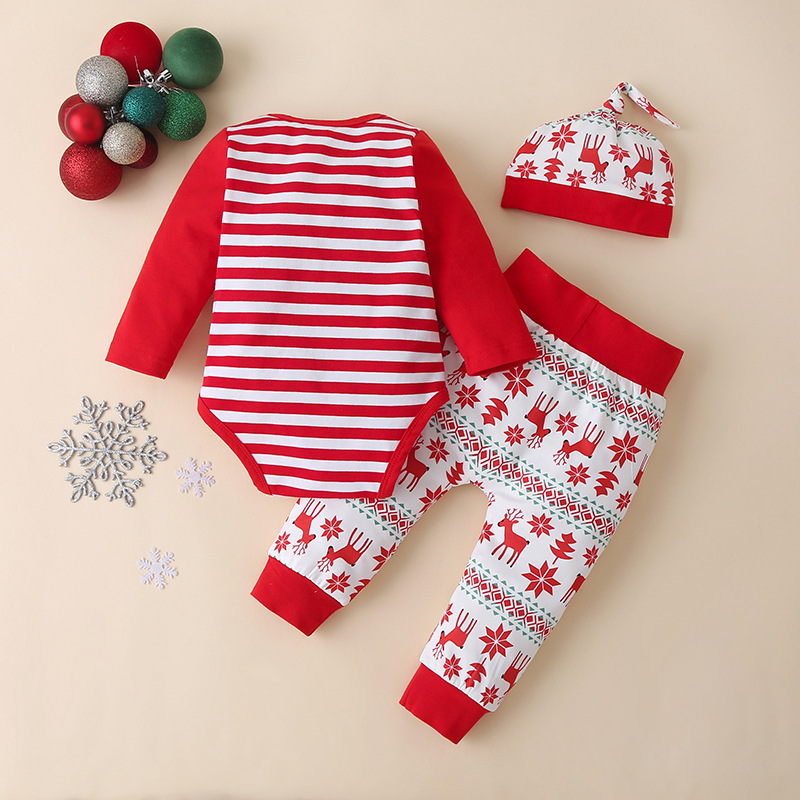 סתיו תינוק חג המולד עם שרוולים ארוכים חליפה חגיגית מודפסת בתוך רוח ומכנסיים פסים קפוצון