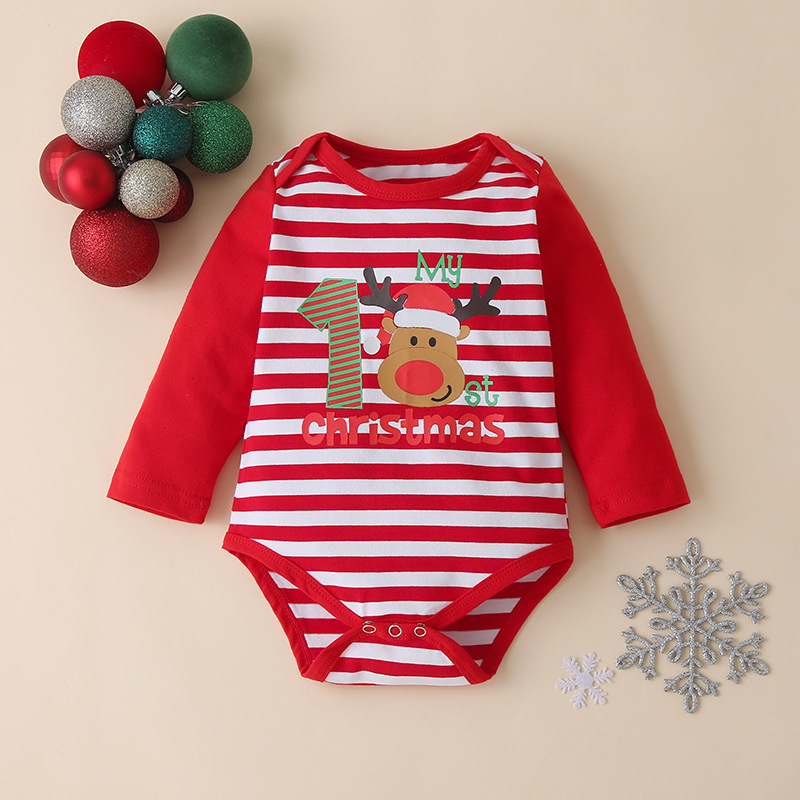 סתיו תינוק חג המולד עם שרוולים ארוכים חליפה חגיגית מודפסת בתוך רוח ומכנסיים פסים קפוצון