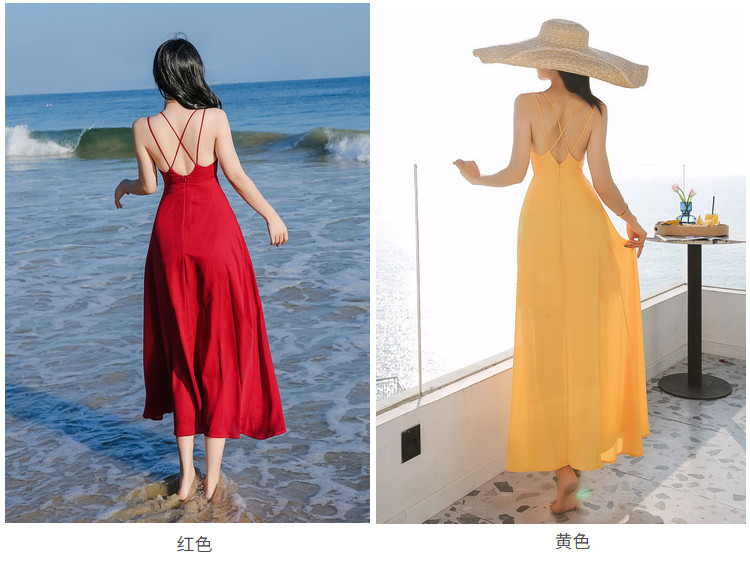 Summer Elegant Red Strap Dress Women Solid Color Backless Crossover Design  Beach Dress Holiday Vintage Robe Lady Vestid