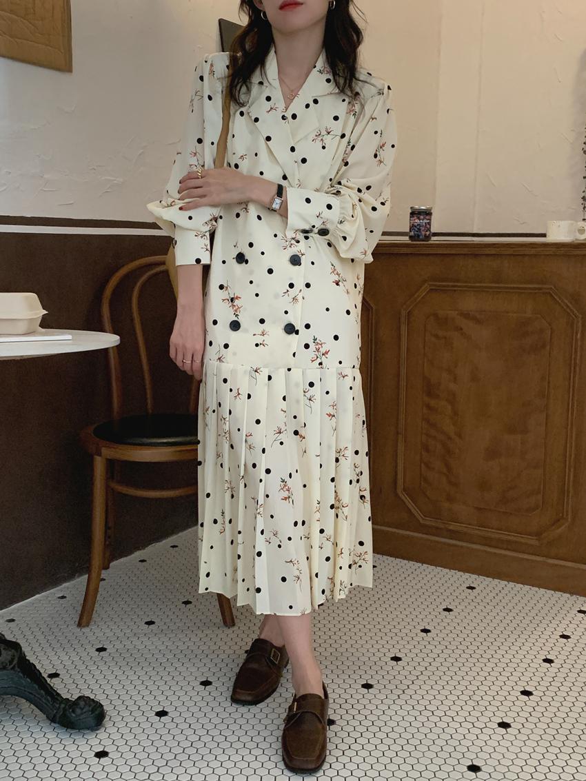 Casual Suit Collar Pleated Dress Women Double Breasted Polka Dot Floral Loose Midi Dress Female Clothing Spring 2022 Ves