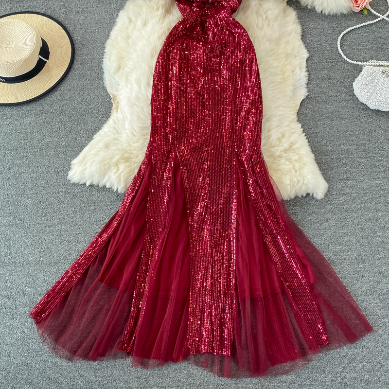Elegant Womens Red Sequined Evening Dress Ruffled Strap Fishtail Party Dresses Package Hip Robe Female Clothing  Vestid