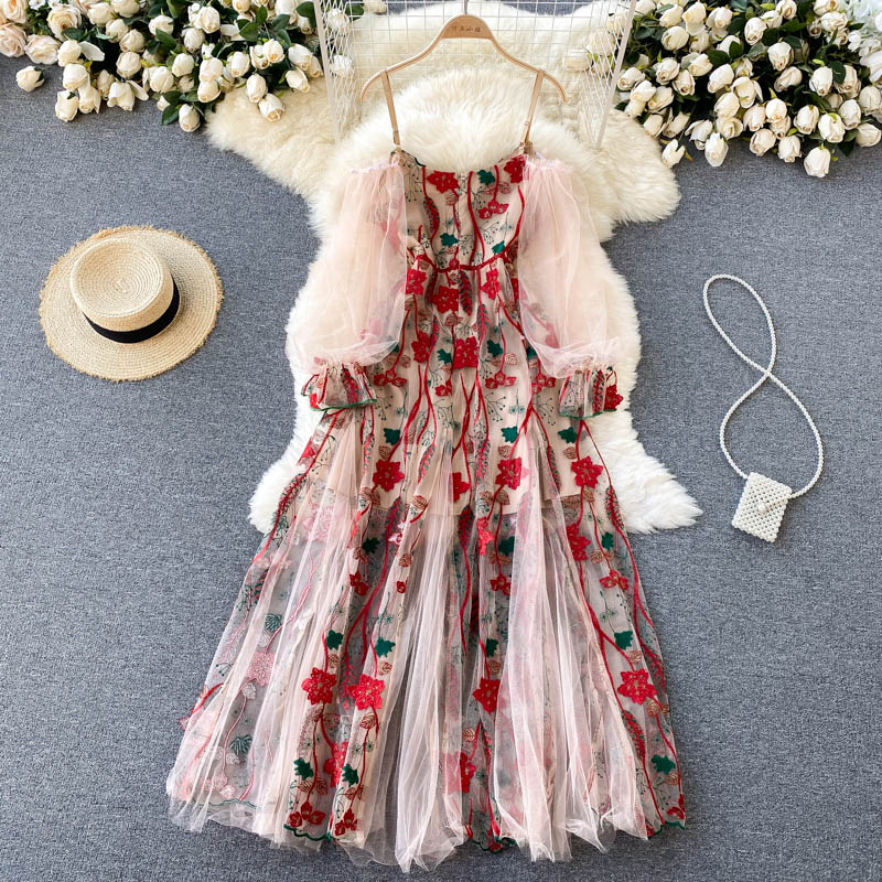 Ladies Elegant Embroidered Dresses Womens Mesh Puff Sleeve Stitching Strapless Robe Vintage Floral Mixi Dress Female Ve
